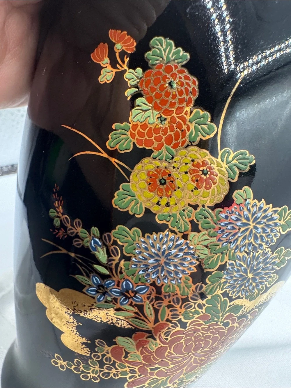 Japanese Black Ceramic Fine Art Vase featuring detailed multi-color floral VTG